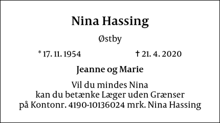 Dødsannoncen for Nina Hassing - Skibby