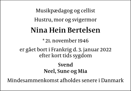 Dødsannoncen for Nina Hein Bertelsen - Quarante