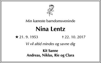 Dødsannoncen for Nina Lentz - København