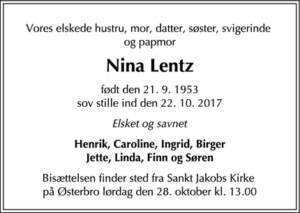Dødsannoncen for Nina Lentz - København