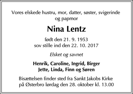 Dødsannoncen for Nina Lentz - København