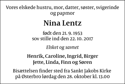 Dødsannoncen for Nina Lentz - København