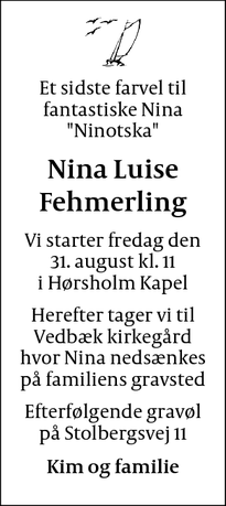 Dødsannoncen for Nina Luise Fehmerling - Hørsholm