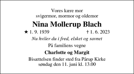 Dødsannoncen for Nina Mollerup Blach - Odense