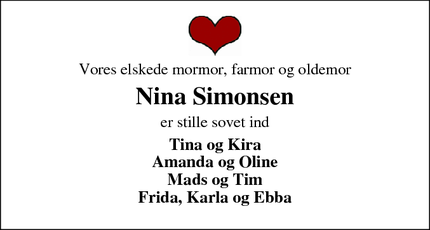 Dødsannoncen for Nina Simonsen - Hedensted 