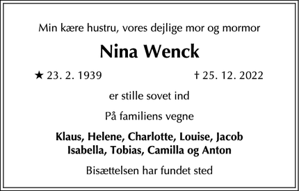 Dødsannoncen for Nina Wenck - Charlottenlund