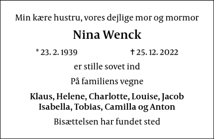 Dødsannoncen for Nina Wenck - Charlottenlund