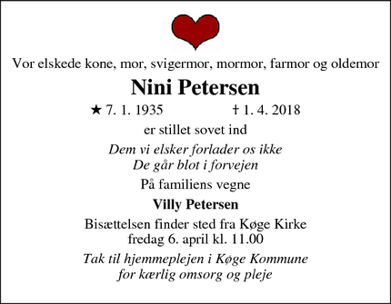 Dødsannoncen for Nini Petersen - Køge