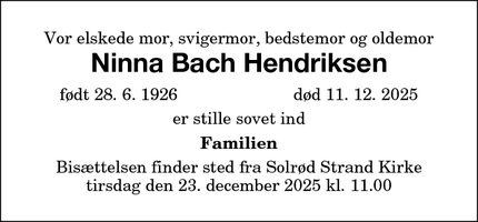 Dødsannoncen for Ninna Bach Hendriksen - Nykøbing F