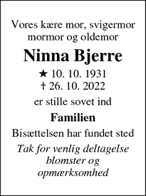Dødsannoncen for Ninna Bjerre - Randers