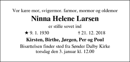 Dødsannoncen for Ninna Helene Larsen - Jyllinge