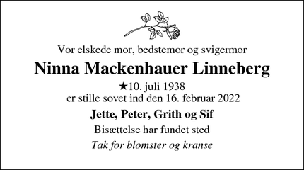 Dødsannoncen for Ninna Mackenhauer Linneberg - Karup