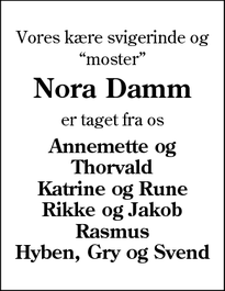 Dødsannoncen for Nora Damm - Gredstedbro