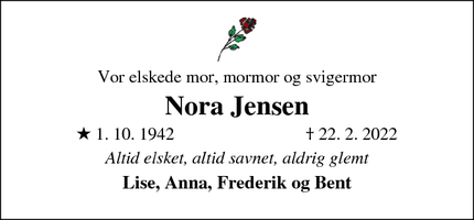 Dødsannoncen for Nora Jensen - Ringsted