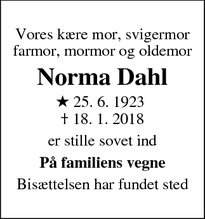 Dødsannoncen for Norma Dahl - Esbjerg