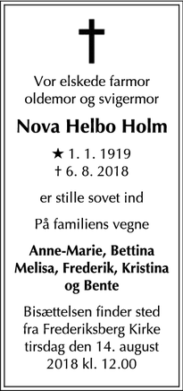 Dødsannoncen for Nova Helbo Holm - Frederiksberg
