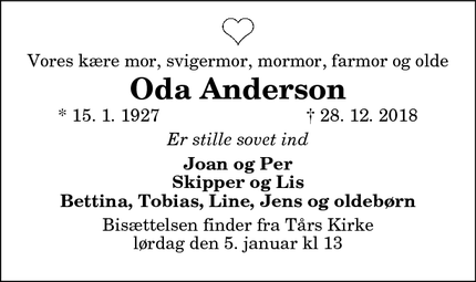 Dødsannoncen for Oda Anderson - Hjørring