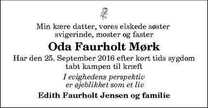 Dødsannoncen for Oda Faurholt Mørk - Sæby