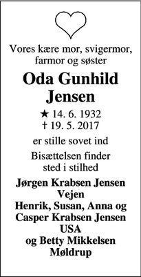 Dødsannoncen for Oda Gunhild Jensen - Vejen