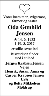 Dødsannoncen for Oda Gunhild Jensen - Vejen