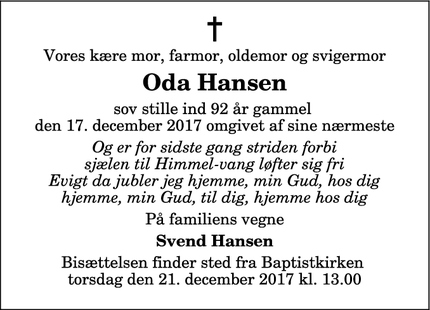 Dødsannoncen for Oda Hansen - Hjørring