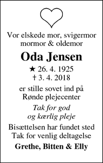 Dødsannoncen for Oda Jensen - Rønde