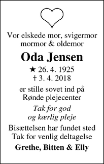Dødsannoncen for Oda Jensen - Rønde