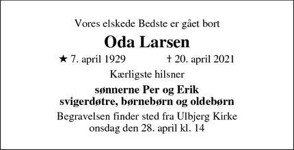 Dødsannoncen for Oda Larsen - Skals