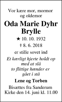Dødsannoncen for Oda Marie Dyhr Brylle - Odense
