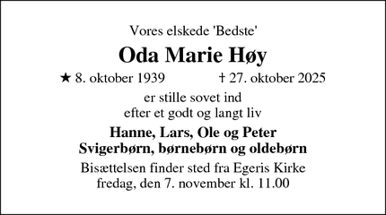 Dødsannoncen for Oda Marie Høy - Skive