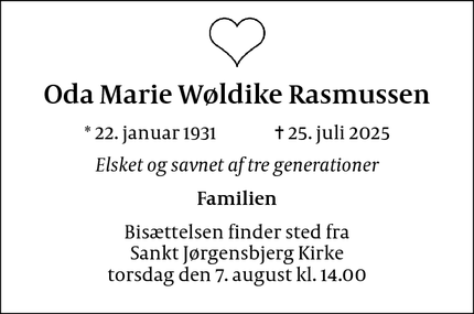 Dødsannoncen for Oda Marie Wøldike Rasmussen - Roskilde