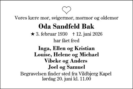 Dødsannoncen for Oda Sandfeld Bak - Vildbjerg