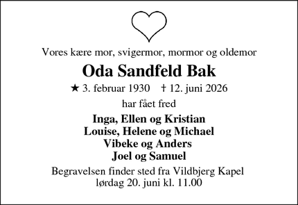 Dødsannoncen for Oda Sandfeld Bak - Vildbjerg