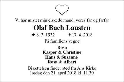 Dødsannoncen for Olaf Bach Lausten - Ans