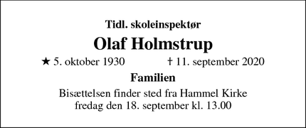 Dødsannoncen for Olaf Holmstrup - Hammel