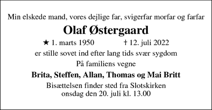 Dødsannoncen for Olaf Østergaard - Skanderborg