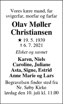 Dødsannoncen for Olav Møller
Christiansen - Årslev