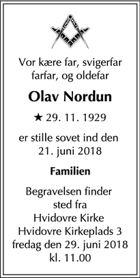 Dødsannoncen for Olav Nordun - Hvidovre