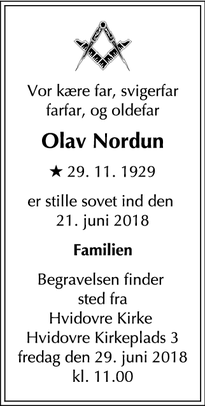 Dødsannoncen for Olav Nordun - Hvidovre