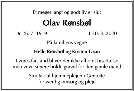 Dødsannoncen for Olav Rønsbøl - Charlottenlund