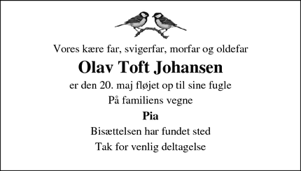 Dødsannoncen for Olav Toft Johansen - Odense 