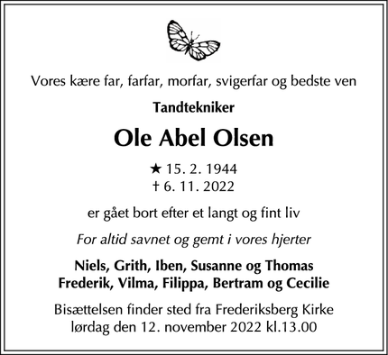 Dødsannoncen for Ole Abel Olsen - Holte 