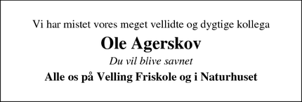 Dødsannoncen for Ole Agerskov - Ringkøbing