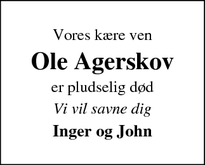 Dødsannoncen for Ole Agerskov - Ringkøbing 