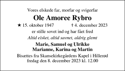Dødsannoncen for Ole Amoree Rybro - Hillerød