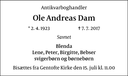 Dødsannoncen for Ole Andreas Dam - Charlottenlund