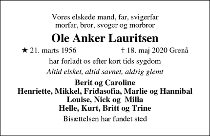 Dødsannoncen for Ole Anker Lauritsen - Ikast