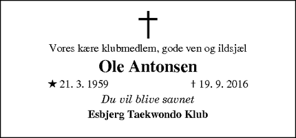 Dødsannoncen for Ole Antonsen - Esbjerg