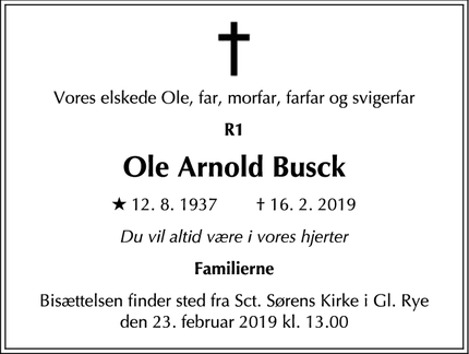 Dødsannoncen for Ole Arnold Busck - Charlottenlund