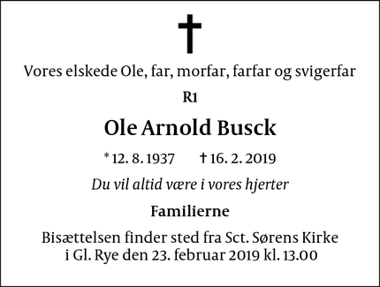 Dødsannoncen for Ole Arnold Busck - Charlottenlund